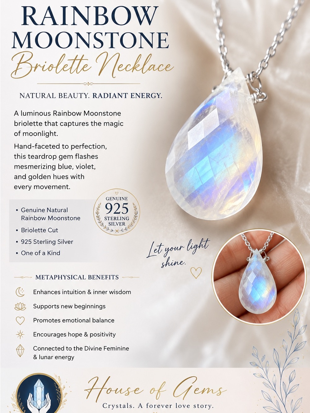 Rainbow Moonstone Briolette Necklace in Iridescent Blue